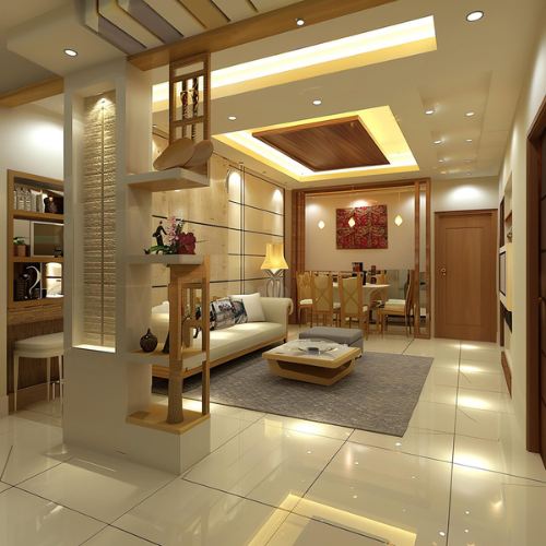 Open-plan living area with a feature timber and stone room divider after renovation