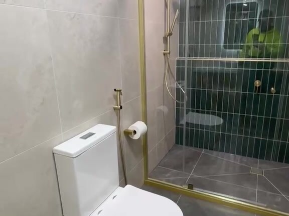 Granny flat bathroom with a brushed gold framed shower screen and wall hung toilet