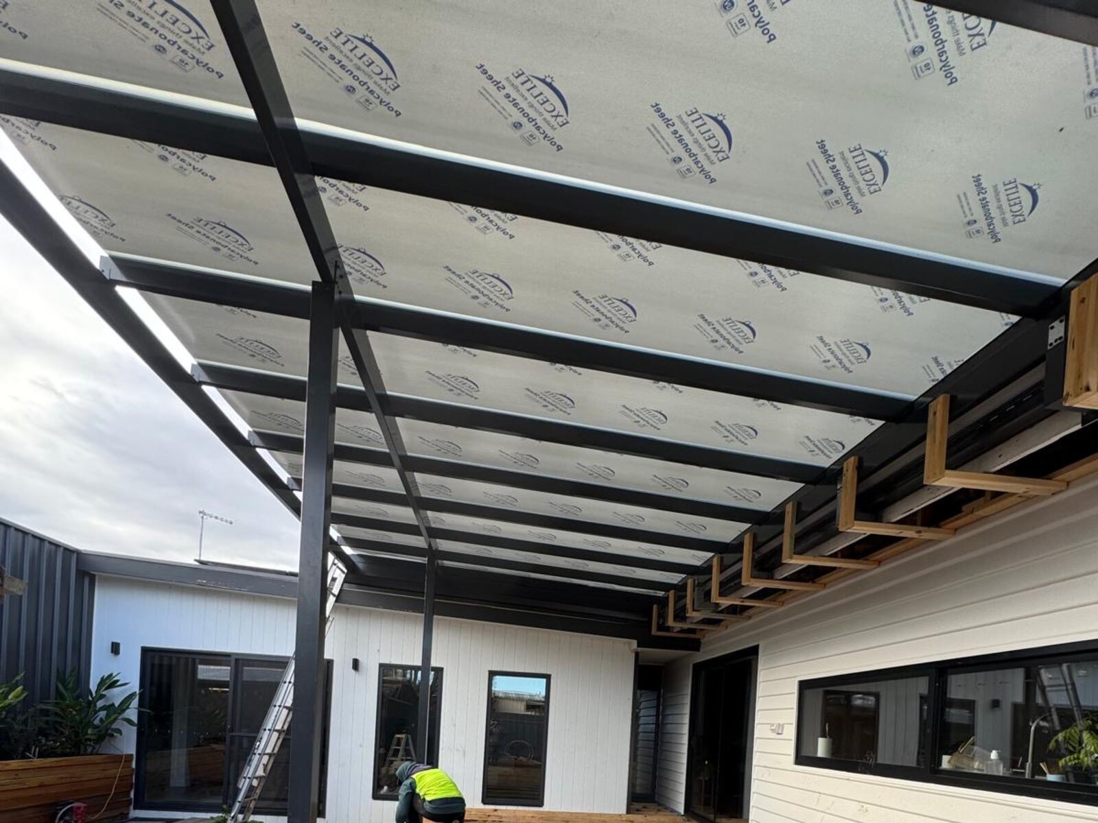 Steel frame and roof deck of new home extension